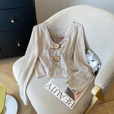 FA56023# 时尚百搭洋气甜美吊带+罩衫T恤两件套大纽扣设计感小众 服裝批發女裝批發服飾貨源