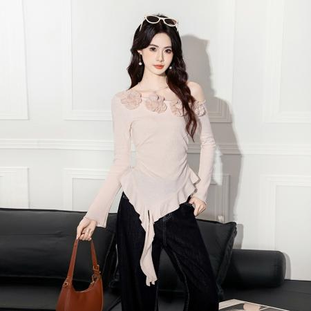FA56026# 早春新款韩系花朵氛围感露肩不规则荷叶边长袖百搭上衣 服裝批發女裝批發服飾貨源