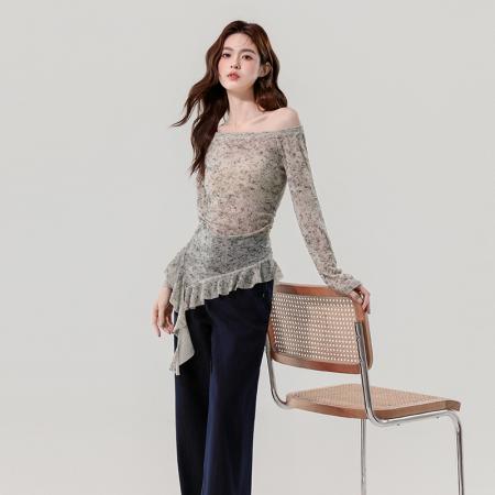 FA56027# 春新款晕染弹力网纱气质百搭高级感不规则飘带设计感上衣 服裝批發女裝批發服飾貨源