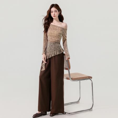 FA56027# 春新款晕染弹力网纱气质百搭高级感不规则飘带设计感上衣 服裝批發女裝批發服飾貨源