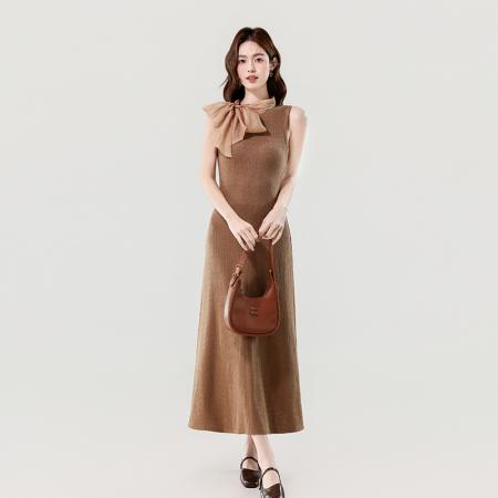 FA56028# 春季新款温柔优雅系带蝴蝶结长款无袖百搭针织连衣裙 服裝批發女裝批發服飾貨源