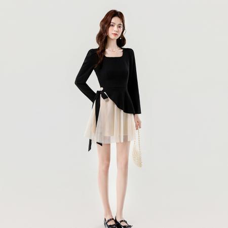 FA56029# 春季新款方领时尚简约不规则设计感撞色网纱长短款连衣裙 服裝批發女裝批發服飾貨源