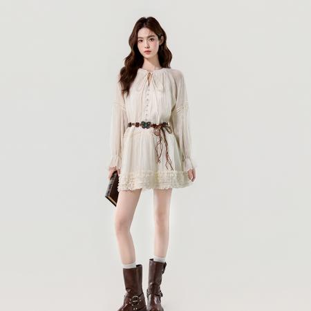 FA56030# 春季新款波西米亚氛围感甜美初恋系带V领长袖连衣裙 服裝批發女裝批發服飾貨源