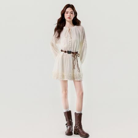 FA56030# 春季新款波西米亚氛围感甜美初恋系带V领长袖连衣裙 服裝批發女裝批發服飾貨源