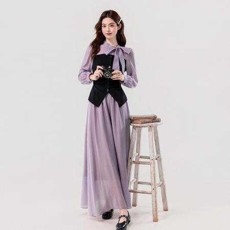 FA56032# 春季新款法式优雅系带蝴蝶结减龄显瘦长款两件套装裙 服裝批發女裝批發服飾貨源