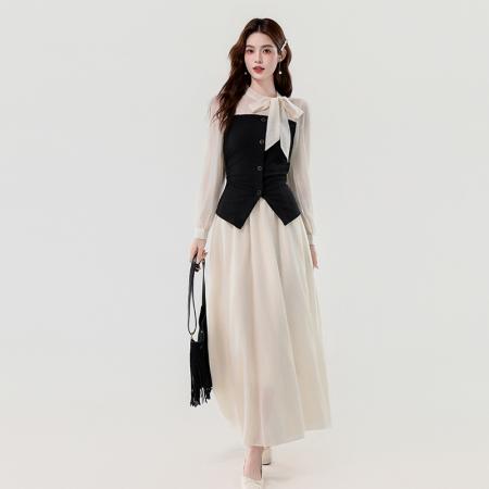 FA56032# 春季新款法式优雅系带蝴蝶结减龄显瘦长款两件套装裙 服裝批發女裝批發服飾貨源