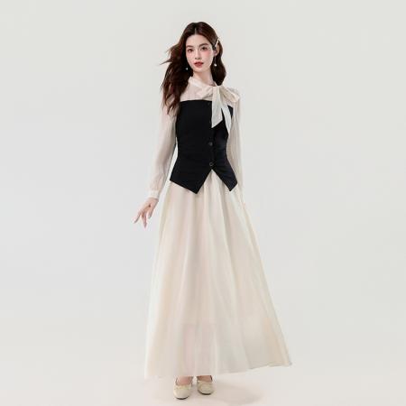 FA56032# 春季新款法式优雅系带蝴蝶结减龄显瘦长款两件套装裙 服裝批發女裝批發服飾貨源