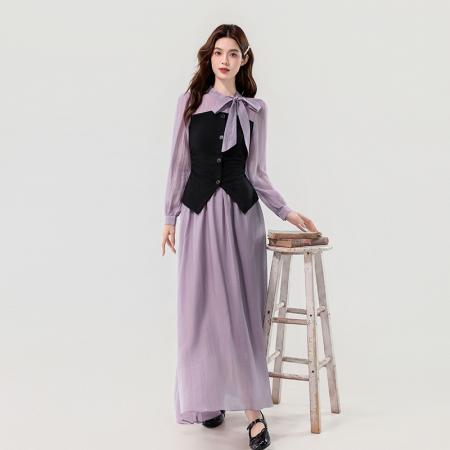 FA56032# 春季新款法式优雅系带蝴蝶结减龄显瘦长款两件套装裙 服裝批發女裝批發服飾貨源