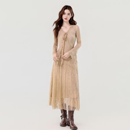 FA56033# 春季新款法式优雅重工镂空高级感弹力蕾丝喇叭袖两件套裙 服裝批發女裝批發服飾貨源