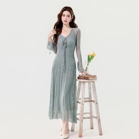 FA56033# 春季新款法式优雅重工镂空高级感弹力蕾丝喇叭袖两件套裙 服裝批發女裝批發服飾貨源