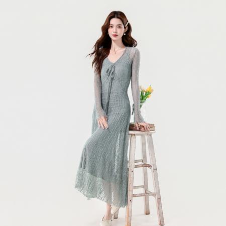 FA56033# 春季新款法式优雅重工镂空高级感弹力蕾丝喇叭袖两件套裙 服裝批發女裝批發服飾貨源