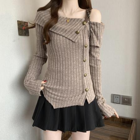 FA56037# 新款春款大码女装胖MM设计感落肩小众别致显瘦百搭上衣 服裝批發女裝批發服飾貨源