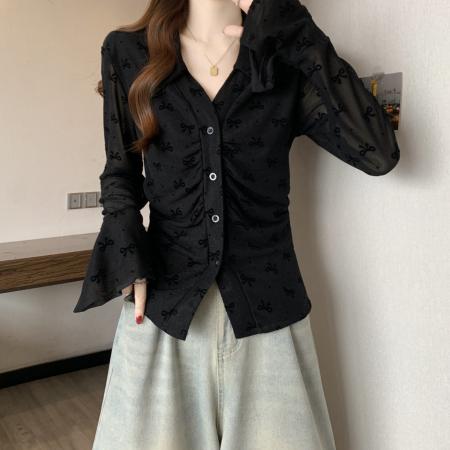 FA56039# 新款春款大码女装蝴蝶结花型设计感小众显瘦百搭衬衫上衣 服裝批發女裝批發服飾貨源