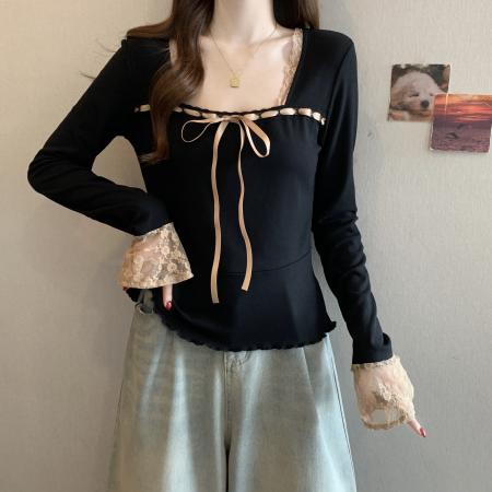 FA56040# 新款春款大码女装设计感拼接蕾丝显瘦百搭上衣 服裝批發女裝批發服飾貨源