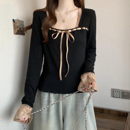 FA56040# 新款春款大码女装设计感拼接蕾丝显瘦百搭上衣 服裝批發女裝批發服飾貨源