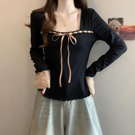 FA56040# 新款春款大码女装设计感拼接蕾丝显瘦百搭上衣 服裝批發女裝批發服飾貨源