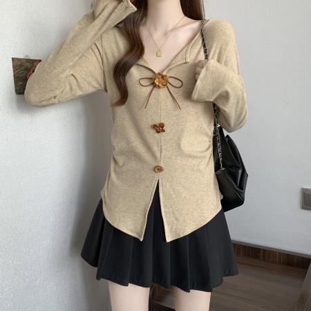 FA56041# 春款大码女装秋款设计感百搭显瘦v领T恤小众别致上衣 服裝批發女裝批發服飾貨源