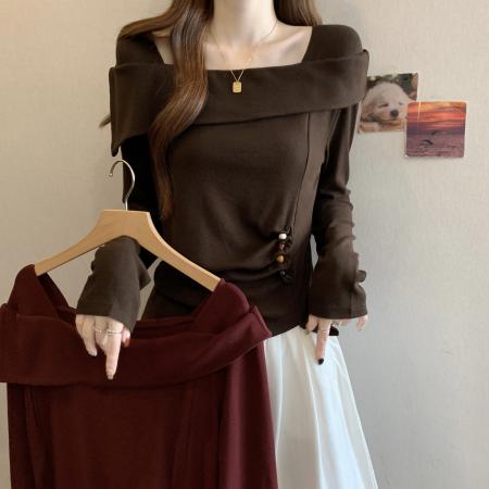 FA56042# 春款大码女装胖MM设计感纯棉气质一字肩不规则显瘦上衣 服裝批發女裝批發服飾貨源