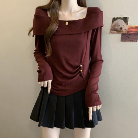 FA56042# 春款大码女装胖MM设计感纯棉气质一字肩不规则显瘦上衣 服裝批發女裝批發服飾貨源