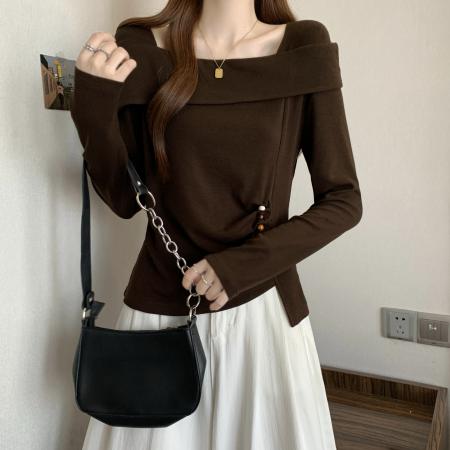 FA56042# 春款大码女装胖MM设计感纯棉气质一字肩不规则显瘦上衣 服裝批發女裝批發服飾貨源