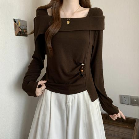 FA56042# 春款大码女装胖MM设计感纯棉气质一字肩不规则显瘦上衣 服裝批發女裝批發服飾貨源