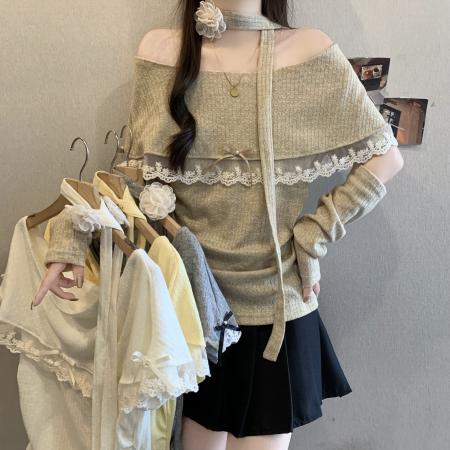 FA56043# ～早春设计感超好看飘带挂脖漂亮针织衫配袖套 服裝批發女裝批發服飾貨源