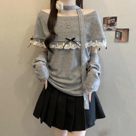 FA56043# ～早春设计感超好看飘带挂脖漂亮针织衫配袖套 服裝批發女裝批發服飾貨源