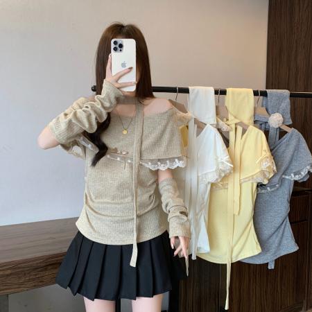 FA56043# ～早春设计感超好看飘带挂脖漂亮针织衫配袖套 服裝批發女裝批發服飾貨源