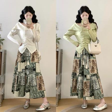 FA56044# ～法式胖MM一字肩针织衫春季新款设计感长袖半身裙两件套 服裝批發女裝批發服飾貨源