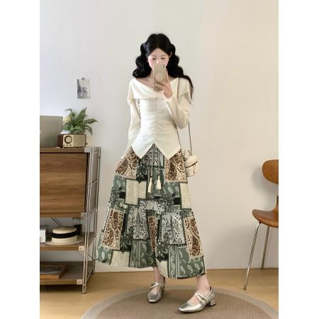 FA56044# ～法式胖MM一字肩针织衫春季新款设计感长袖半身裙两件套 服裝批發女裝批發服飾貨源