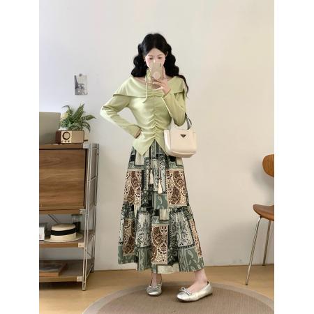 FA56044# ～法式胖MM一字肩针织衫春季新款设计感长袖半身裙两件套 服裝批發女裝批發服飾貨源