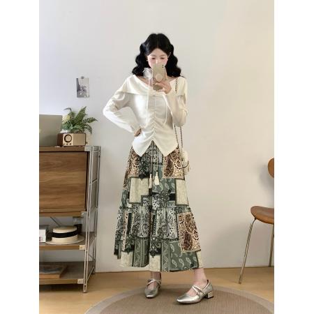 FA56044# ～法式胖MM一字肩针织衫春季新款设计感长袖半身裙两件套 服裝批發女裝批發服飾貨源