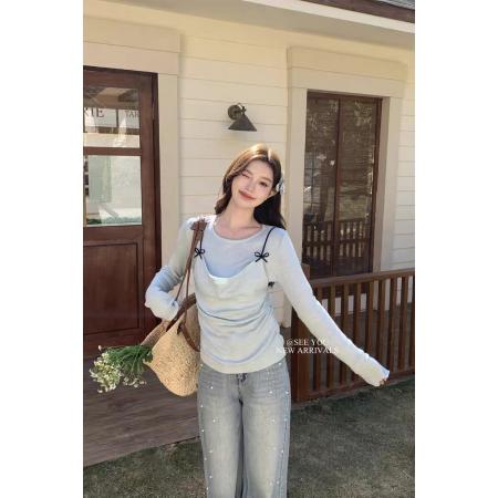 FA56045# 胖MM新春温柔法式蝴蝶结假两件修身显瘦上衣针织衫 服裝批發女裝批發服飾貨源