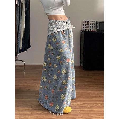 美式高街辣妹设计感满印花朵牛仔半身裙子女时尚洋气百搭显瘦长裙 服裝批發女裝批發服飾貨源