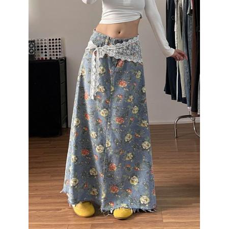 美式高街辣妹设计感满印花朵牛仔半身裙子女时尚洋气百搭显瘦长裙 服裝批發女裝批發服飾貨源