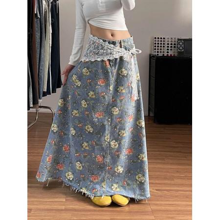 美式高街辣妹设计感满印花朵牛仔半身裙子女时尚洋气百搭显瘦长裙 服裝批發女裝批發服飾貨源