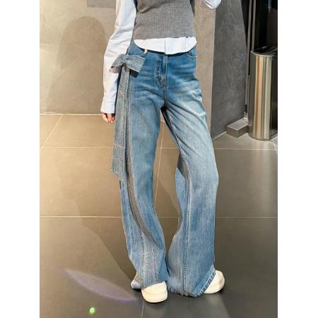 美式大码设计感立体蝴蝶结碎钻牛仔裤子女辣妹复古时尚气质拖地裤 服裝批發女裝批發服飾貨源