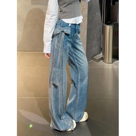 美式大码设计感立体蝴蝶结碎钻牛仔裤子女辣妹复古时尚气质拖地裤 服裝批發女裝批發服飾貨源