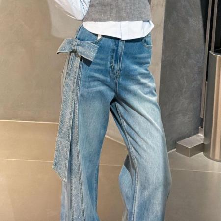 美式大码设计感立体蝴蝶结碎钻牛仔裤子女辣妹复古时尚气质拖地裤 服裝批發女裝批發服飾貨源