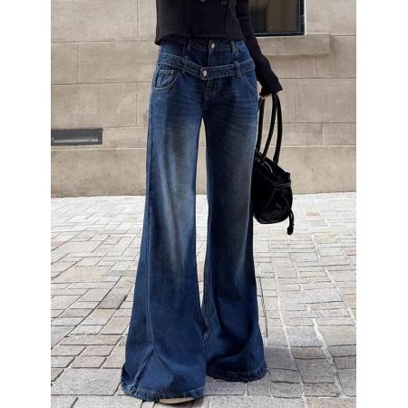 美式辣妹时尚宽松bf慵懒风牛仔裤子女复古设计感双腰头阔腿拖地裤 服裝批發女裝批發服飾貨源