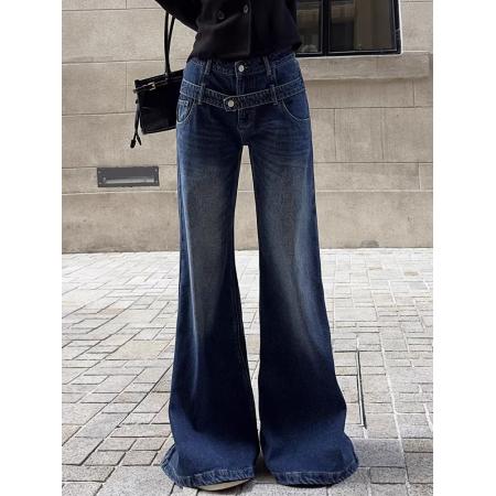 美式辣妹时尚宽松bf慵懒风牛仔裤子女复古设计感双腰头阔腿拖地裤 服裝批發女裝批發服飾貨源