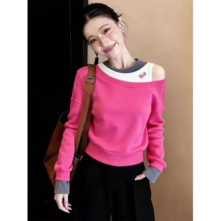 FA56049# 气质粉色露肩假两件上衣洋气通勤百搭高级感减龄女装春季新款 服裝批發女裝批發服飾貨源