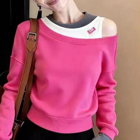 FA56049# 气质粉色露肩假两件上衣洋气通勤百搭高级感减龄女装春季新款 服裝批發女裝批發服飾貨源