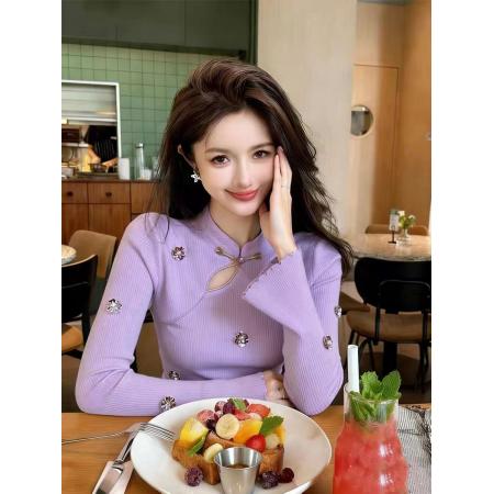 FA56050# 新中式小众设计感立体装饰气质收腰紫色针织内搭上衣女春季 服裝批發女裝批發服飾貨源