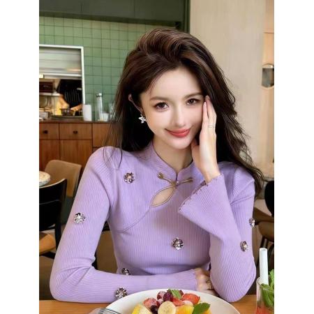 FA56050# 新中式小众设计感立体装饰气质收腰紫色针织内搭上衣女春季 服裝批發女裝批發服飾貨源