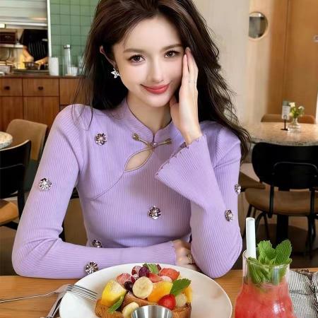 FA56050# 新中式小众设计感立体装饰气质收腰紫色针织内搭上衣女春季 服裝批發女裝批發服飾貨源