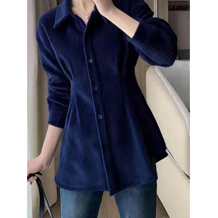 FA56051# 气质超好看蓝色翻领灯芯绒上衣女冬季轻熟小众高级感百搭显瘦上衣 服裝批發女裝批發服飾貨源