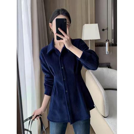 FA56051# 气质超好看蓝色翻领灯芯绒上衣女冬季轻熟小众高级感百搭显瘦上衣 服裝批發女裝批發服飾貨源