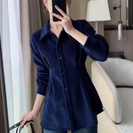 FA56051# 气质超好看蓝色翻领灯芯绒上衣女冬季轻熟小众高级感百搭显瘦上衣 服裝批發女裝批發服飾貨源