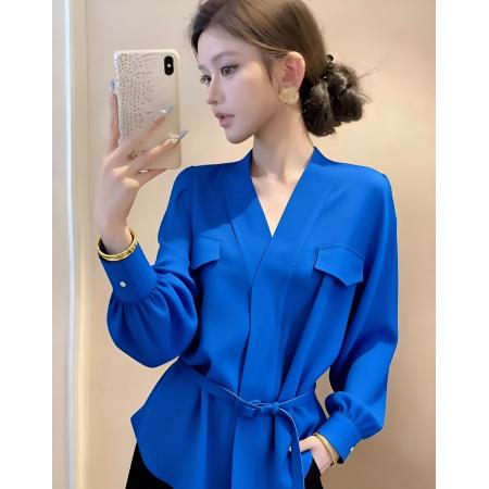 FA56052# 显白蓝色V领洋气百搭长袖上女冬季女装时尚新款气质高级感衬衫 服裝批發女裝批發服飾貨源